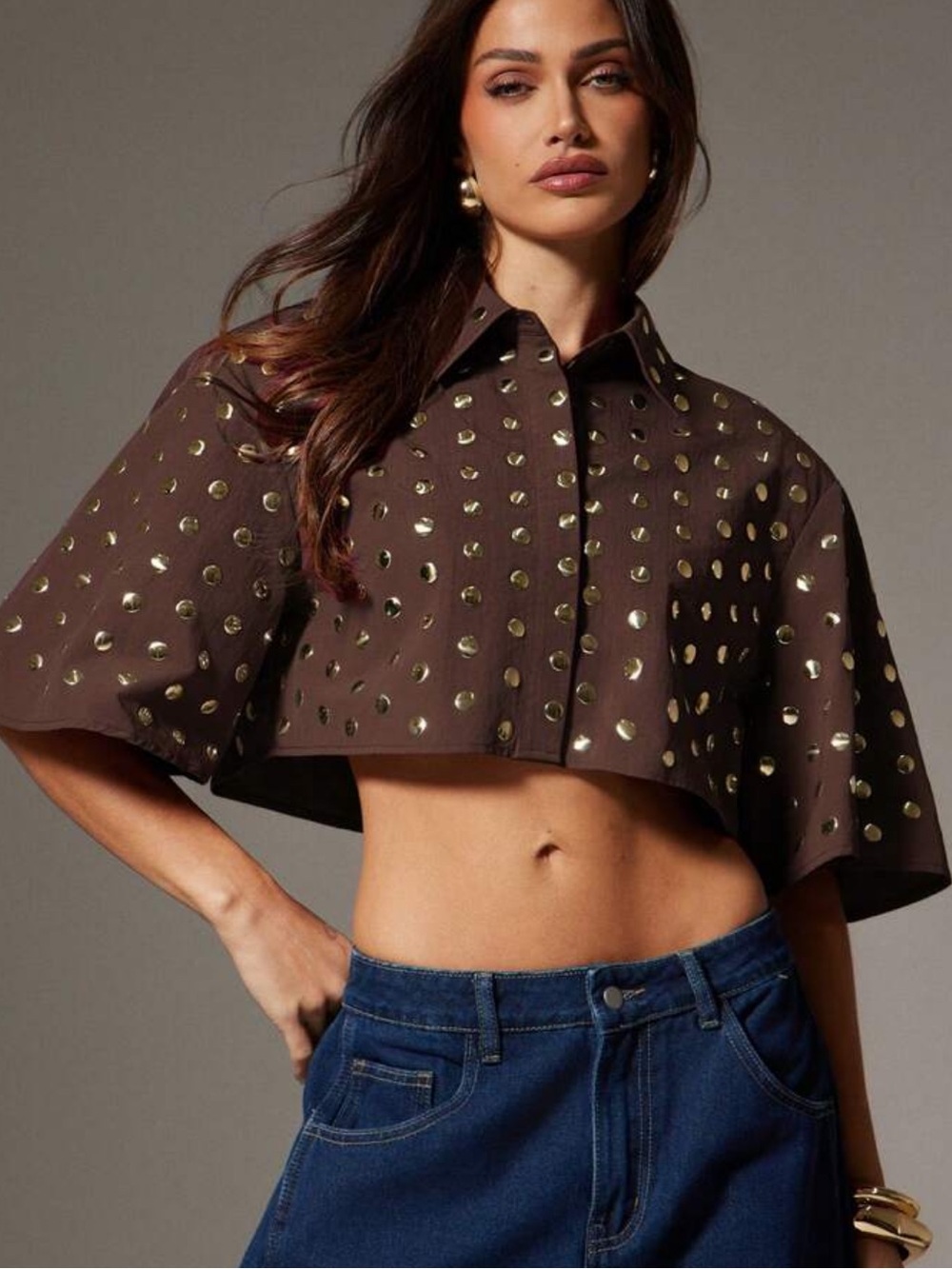 Summer Fashion Rivet Decor Cropped Shirt